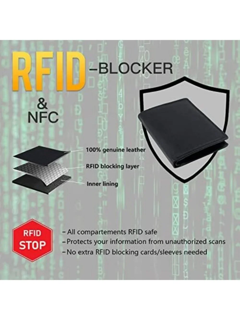 Men's Trifold Nappa Leather Wallet - RFID Protected, 15 Card Slots, Black